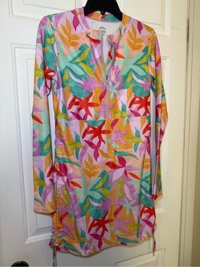 Mott 50 Sonja Swim Dress Cover Up SMALL UPF 50 Floral 1/4 Zip Side Ruching